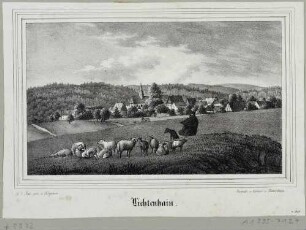 Ortsansicht von Lichtenhain (Sebnitz) nördlich des Kirnitzschtales in der Sächsischen Schweiz, im Vordergrund eine Schafherde, aus Sachsens Kirchen-Galerie von Hermann Schmidt, Bd. 4 1840