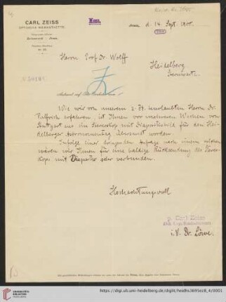Briefe von Carl Zeiss (Jena) an Max Wolf: Brief von Fritz Löwe von Carl Zeiss (Jena) an Max Wolf