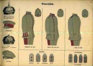 Uniformdarstellung, Schema der Helme, Waffenröcke, Hosen und Achselstücke des Bayerischen Generalstabs, Deutsches Kaiserreich, 1916.