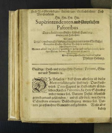 Gnädige/ Hoch- und vielgeehrte Herren/ Patroni, Gönner und ...