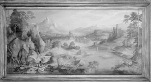 Weite Flusslandschaft mit Darstellung der Legende des barmherzigen Samariter