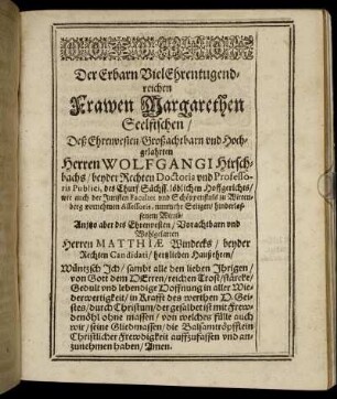 Der Erbarn VielEhrentugendreichen Frawen Margarethen Seelfischen ... / Vorrede
