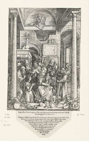 Mariens Verehrung, Blatt 20 aus: Albrecht Dürer, "Epitome in Divae Parthenices Mariae Historiam ab Alberto Durero Norico per figuras digestam cum versibus annexis Chelidonii", Nürnberg 1511