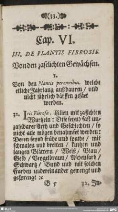 Cap. VI. III. De Plantis Fibrosis. Von den zaselichten Gewächsen