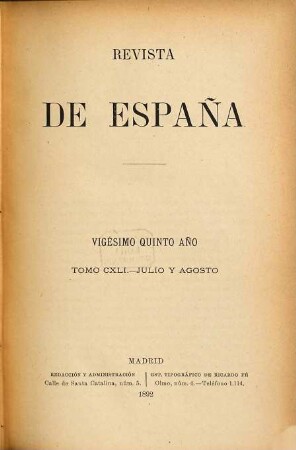 Revista de España. 141 = Año 25. 1892