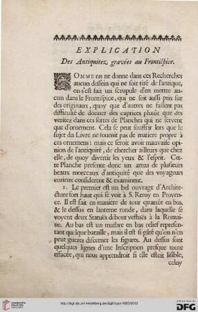 Explication des Antiquitez gravées au Frontispice