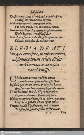 Elegia De Avibus, quae cruciferae, ab inflexo rosto, ad similitudinem crucis dicuntur: Germaniace corrupta voce, Crinisss.