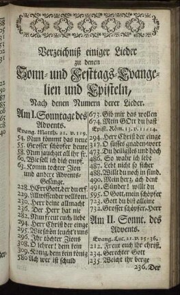 Verzeichniß einiger Lieder zu denen Sonn- und Festtags-Evangelien und Episteln, Nach denen Nummern derer Lieder.