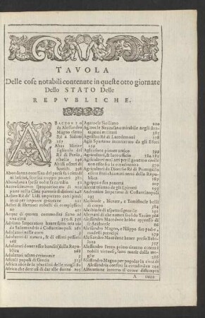 Tavola Delle cose notabili contenute in queste otto giornate Dello Stato Delle Republiche.