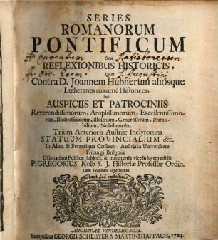 Series Romanorum Pontificum : Cum Reflexionibus Historicis