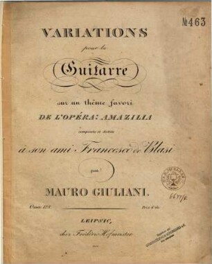 Variations pour la guitarre sur un thème favori de l'opéra: Amazilla : oeuv. 128