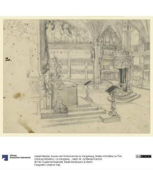 Inneres der Schlosskirche zu Königsberg, Skizze mit Notizen zu "Die Krönung Wilhelms I. in Königsberg"