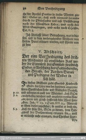 V. Abschnitt, Der eine Vertheidigung des dritten Abschnitts im ernstlichen Ruf wider die Einwürfe des Gottlob Friedrich Gudes, in Ansehung des Gottesdiensts, des Berufs, der Kirchen-Diener und Predigens der Weiber in sich hält