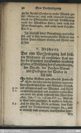 V. Abschnitt, Der eine Vertheidigung des dritten Abschnitts im ernstlichen Ruf wider die Einwürfe des Gottlob Friedrich Gudes, in Ansehung des Gottesdiensts, des Berufs, der Kirchen-Diener und Predigens der Weiber in sich hält