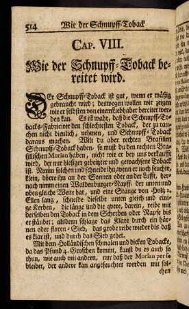 514-531, Cap VIII. Wie der Schnupff-Toback bereitet wird.