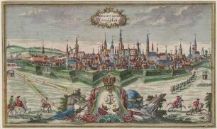 Stadtansicht von Königsberg in Ostpreußen, heute Kaliningrad in Russland, im Vordergrund Wappen