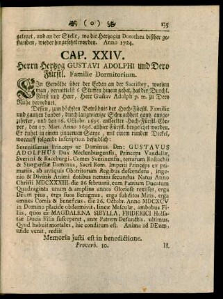 Cap. XXIV. Herrn Hertzog Gustavi Adolphi und Dero Fürstl. Familie Dormitorium