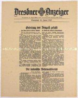Nachrichtenblatt "Dresdner Anzeiger" mit Meldungen des Oberkommandos der Wehrmacht und des italienischen Oberkommandos u.a. zum Kriegsgeschehen in Nordafrika und an der Ostfront