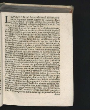 Leopoldus divina favente clementia electus Romanorum Imperator semper Augustus ac Germaniae, Hungariae, Bohemiae, Dalmatiae, ...