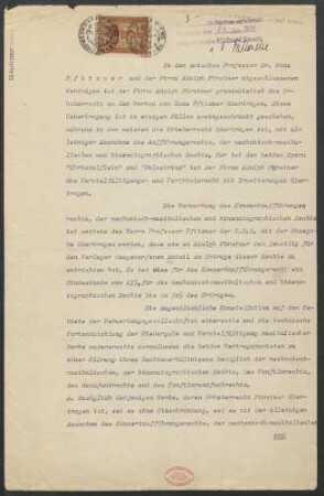 Vertrag "bezüglich der mechanisch-musikalischen, der kinematographischen Rechte, des Tonfilmrechts, des Rundfunkrechts und des Tonfilmrundfunkrechts" an Werken Hans Pfitzners