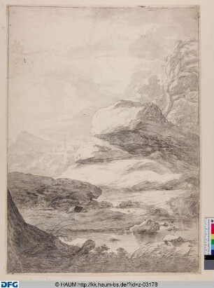 Landschaft mit Wasser, Felsblöcken und Ortschaft im Hintergrund