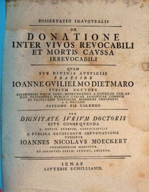 Diss. inaug. de donatione inter vivos revocabili et mortis caussa irrevocabili