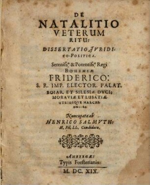 De Natalitio Veterum Ritu, Dissertatio Juridico-Politica