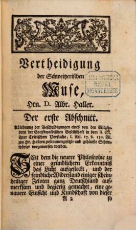 Vertheidigung der Schweitzerischen Muse, Hrn. D. Albrecht Hallers