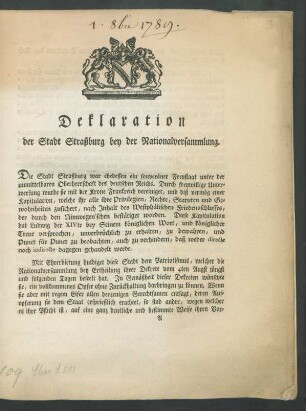 Deklaration der Stadt Straßburg bey der Nationalversammlung