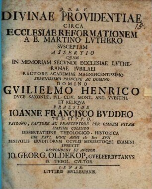 Divinae providentiae circa ecclesiae reformationem a B. Martino Luthero susceptam assertio