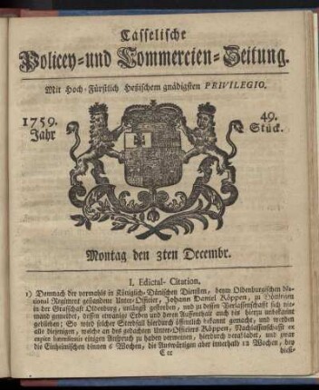 49. Stueck, Montag den 3ten Decembr. 1759