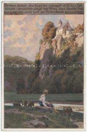 Postkarte mit Illustration zum Volkslied "Droben steht die Kapelle..."