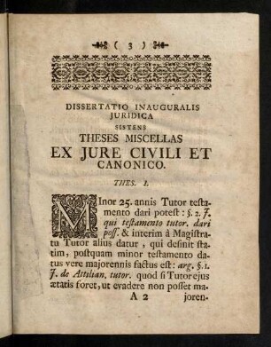 3-12, Dissertatio Inauguralis Juridica Sistens Theses Miscellas Ex Jure Civili Et Canonico.