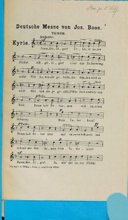 Kurze, sehr leichte deutsche Messe : (vorzugsw. bei Trauungsämtern zu gebrauchen) ; für Sopran, Alt, Tenor u. Bass mit willkührl. Orgelbegl.