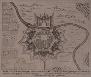 Festungsplan von Saarlouis, 1:12 000, Kupferstich, um 1710 : Saar-Louies, in Lottringen, aande Saar beneden Saarbruck : sijnde een nieuwe Vestinge ; C. P. = Sar-Ludovisium in Lotharingia, ad Saravum, intra Saravi Pontes. - [Ca. 1:12 000]. - Amst. : Pet. Schenk , [um 1710]. - 1 Kunstbl. : Kupferst. ; 19 x 15 cm