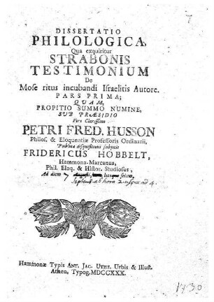 1: Dissertatio philologica, qua exquiritur Strabonis testimonium de Mose ritus incubandi Israelitis autore