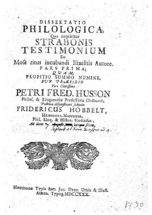 1: Dissertatio philologica, qua exquiritur Strabonis testimonium de Mose ritus incubandi Israelitis autore