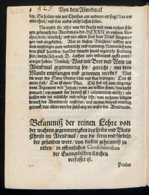 Bekantniß der reinen Lehre von der wahren gegenwertigkeit des Leibs und Bluts Christi im Abendmal ...