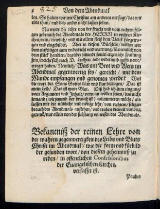 Bekantniß der reinen Lehre von der wahren gegenwertigkeit des Leibs und Bluts Christi im Abendmal ...