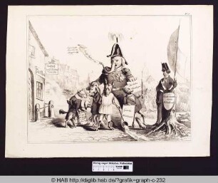 Karikatur eines Generals mit Elefantenkopf, umringt von seinen tierischen Untergebenen, welche an die Flensburger Bürger gerichtete Schriftstücke in den Händen halten