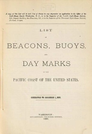 List of beacons, bouys, and day marks on the Pacific Coast of the United States. 1895, 1895