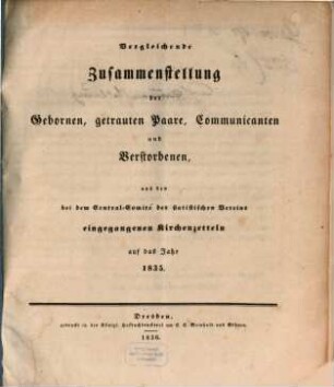 Vergleichende Zusammenstellung der Gebornen, getrauten Paare, Communicanten und Verstorbenen : aus den bei dem Central-Comité des Statistischen Vereins eingegangenen Kirchenzetteln auf das Jahr .... 1835 (1836)
