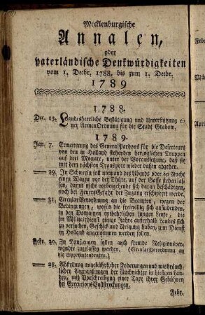 Mecklenburgische Annalen, oder vaterländische Denkwürdigkeiten vom 1. Decbr. 1788, bis zum 1. Decbr. 1789
