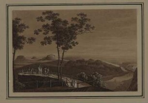 Basteiaussicht bei Rathen in der Sächsischen Schweiz nach Südosten mit Blick auf das Elbtal und die Tafelberge mit Königstein und Lilienstein, sepiagetönte Umrissradierung, um 1821 : Zingg, Adrian : Ausicht von der Bastey / [gefertigt von Adrian Zingg?]. - [S.l.] , [ca. 1821]. - 1 Kunstbl. : sepiagetönte Umrißradierung ; 15 x 10 cm. - in SKD gleiches Blatt mit A. Zingg beschriftet.
