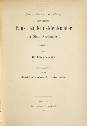 Beschreibende Darstellung der älteren Bau- und Kunstdenkmäler der Stadt Nordhausen