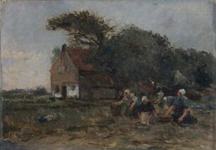 Kartoffelausnehmen - Frauen bei der Feldarbeit vor einem Gehöft