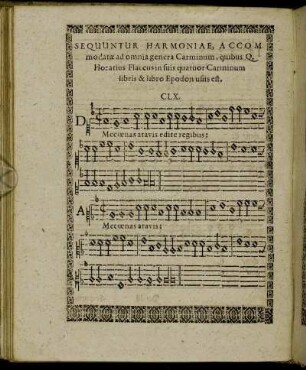 Sequuntur Harmoniae, Accom modatæ ad omnia genera Carminum, quibus Q. Horatius Flacus in suis quatuor Carminum libris & libro Epodon usus est.