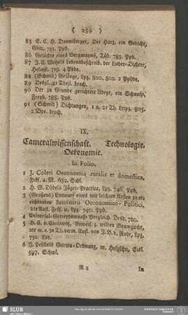 IX. Cameralwissenschaft. Technologie. Oekonomie