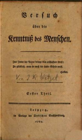Versuch über die Kenntniß des Menschen, Erster Theil