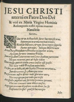 Jesu Christi aeterni ex Patre Deo Dei & veri ex Maria Virgine Hominis Redemptoris nostri optimi maximi Natalitiis sacrum